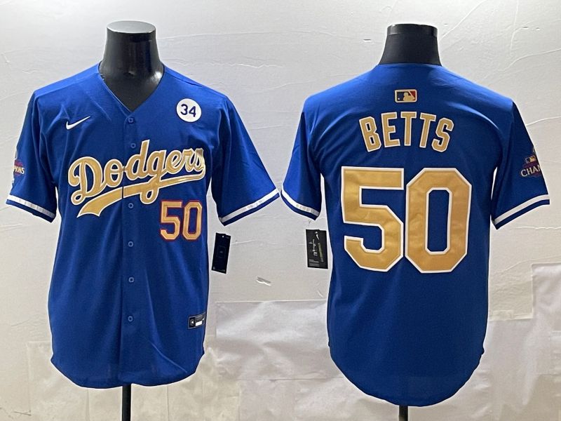 Men Los Angeles Dodgers #50 Betts Blue Champion gold character 2025 Nike MLB Jersey style 4124